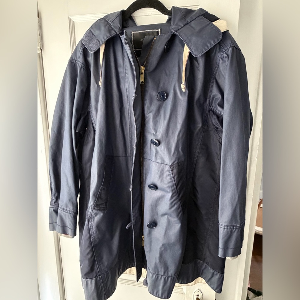 J. Crew Navy Hooded Rain Jacket with Cream Drawcords